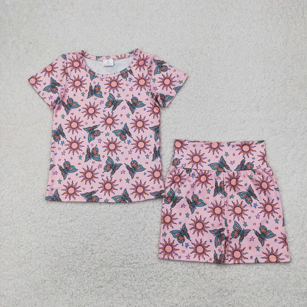 5.27 Sibling Baby Girls Short Sleeve Flowers Butterfly Tops Biking Ruffle Shorts Clothes Sets