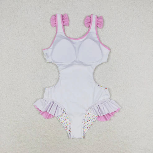 S0178 Ice Cream Pink Lace bow white one-piece swimsuit