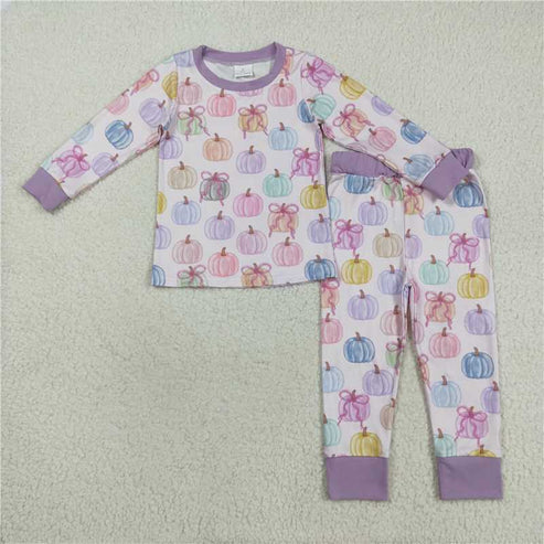 8.16 Sibling Baby Kids Colorful Bows Pumpkins Fall Pajams Sets Zipper Footie Rompers