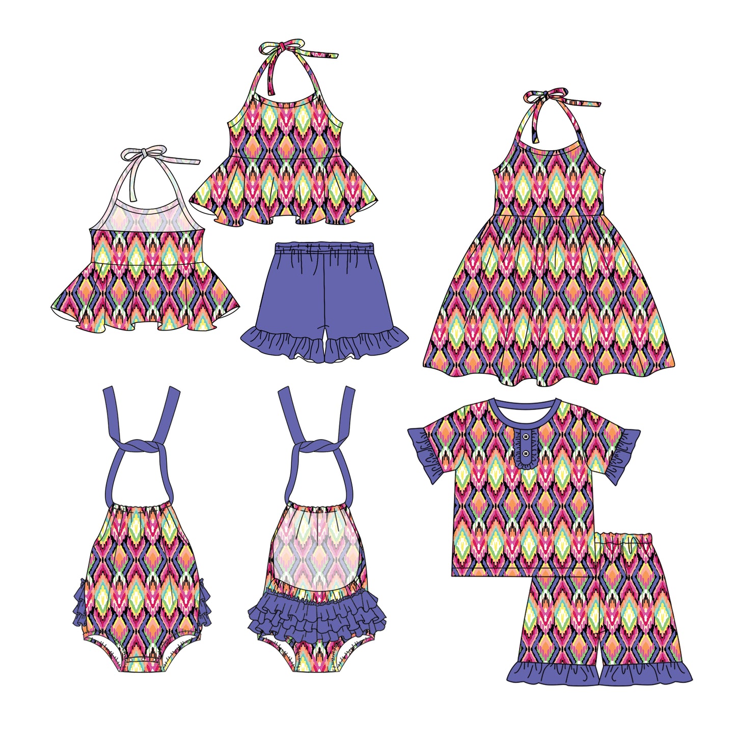 26.1.2 Custom MOQ:3 or 5 pcs each design milk silk Sibling baby girl clothes geometric short sleeve shorts sets 2 and dress and romper