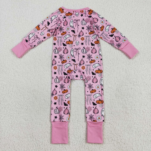 8.13 LR2405 Baby Girls Long Sleeves Pink Ghost Pumpkins Zipper Pant Romper