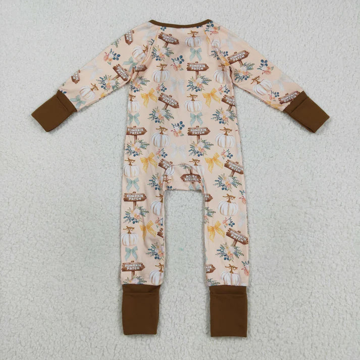 8.21 LR2462 Baby Boys Long Sleeves Pumpkins Patch Bows Zipper Pant Romper