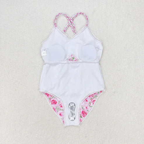S0247 Floral floral lace pink-and-white suspenders one-piece swimsuit
