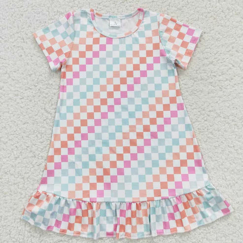 4.14 Sibling Baby Girls Flowers Checkered Short Sleeve Knee Length Dresses