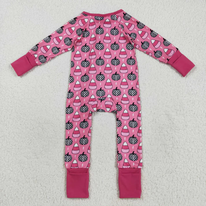 8.22 LR2467 Baby Girls Long Sleeves Plaid Pumpkins Candy Zipper Pant Romper
