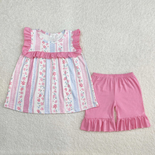 5.3 Sibling Baby Girls Bows Flowers Tunic Ruffle Shorts Sets