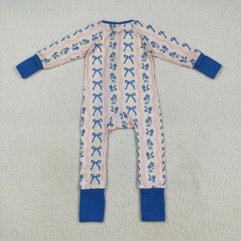 8.14 LR2327 Baby Girls Long Sleeves Blue Bows Flowers Stripe Zipper Pant Romper