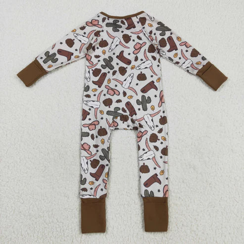 8.13 LR2334 Baby Boys Brown Long Sleeves Bull Skull Cactus Zipper Romper