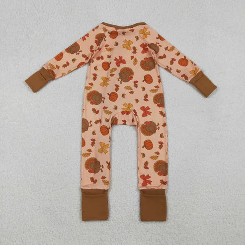 10.25 LR2689 Baby Boys Bows Turkey Pumpkins Thanksgiving Zipper Footie Romper