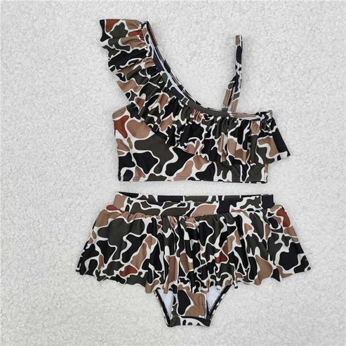 4.2 Sibling Baby Girls Camouflage Ruffle Top Bummie 2pcs Swimsuits