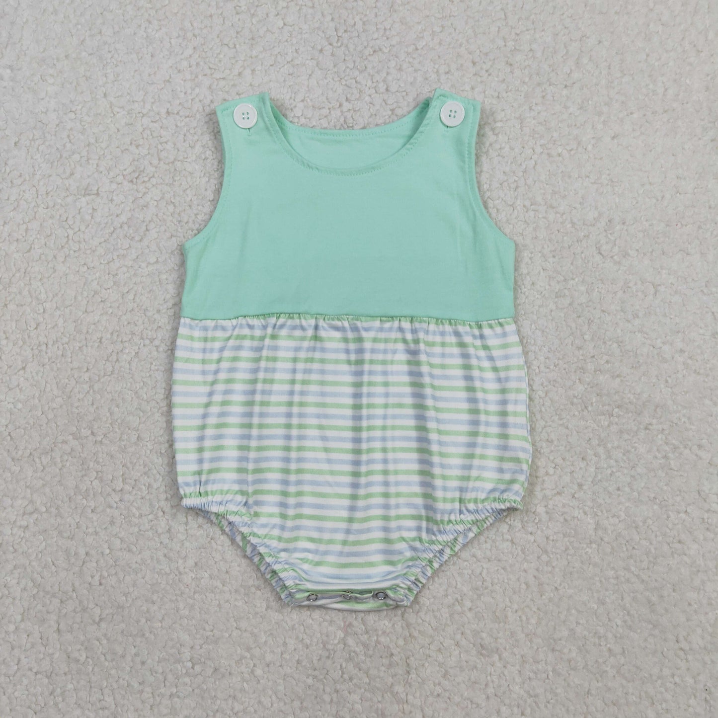 SR3894 Baby Boy Sleeveless Green Stripe Bubble Rompers