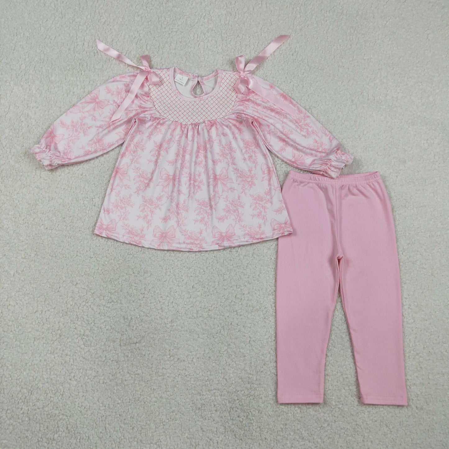 GLP3285 Kids Baby Girl Embroidery Plaid Checked Pink Flowers Tunic Legging Pants Clothes Sets