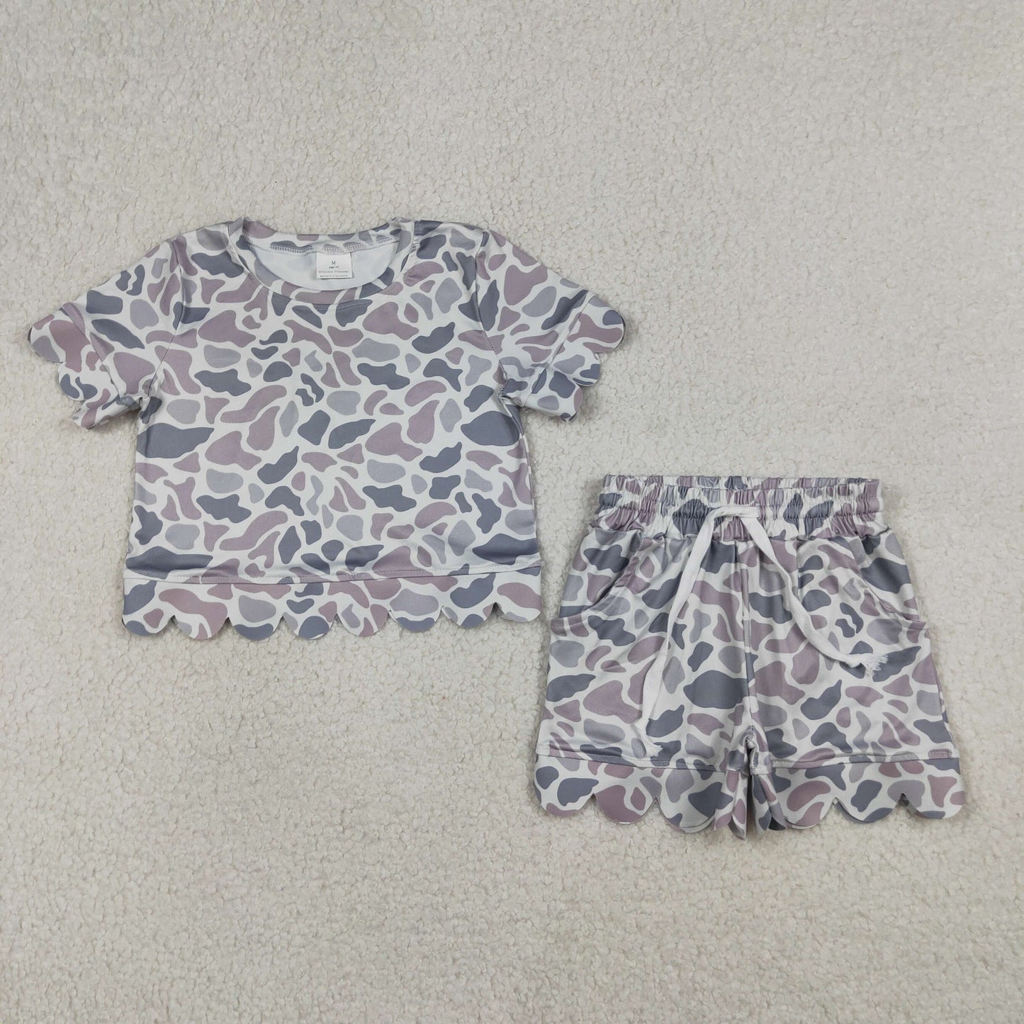 GSSO3226 Kids Baby Girls Southern Light Grey Camo Top Pockets Shorts Scallop Clothes Sets