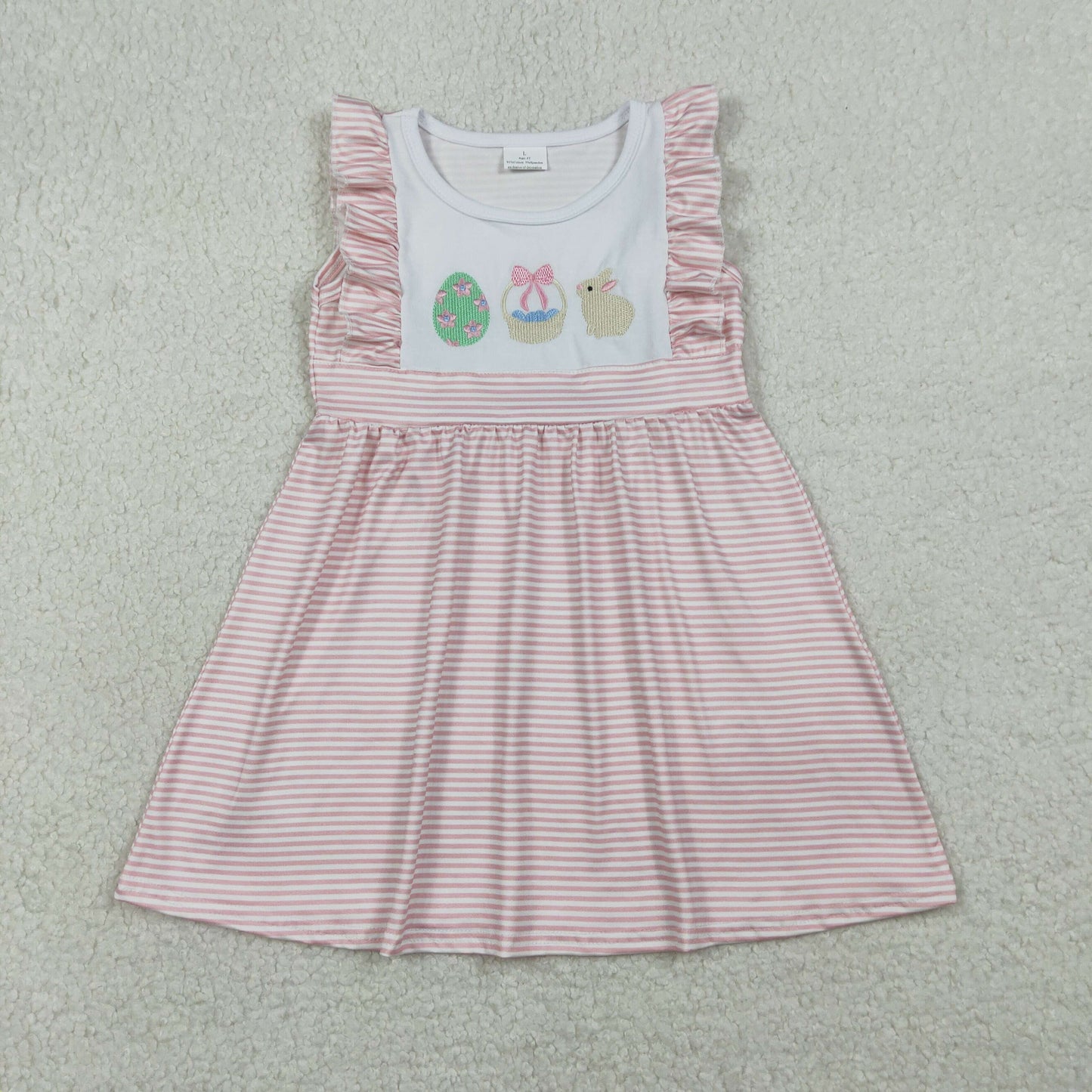 RTS NO MOQ(In Stock) GSD2957 Embroidered Easter flower, egg basket, and rabbit pink striped sleeveless dress