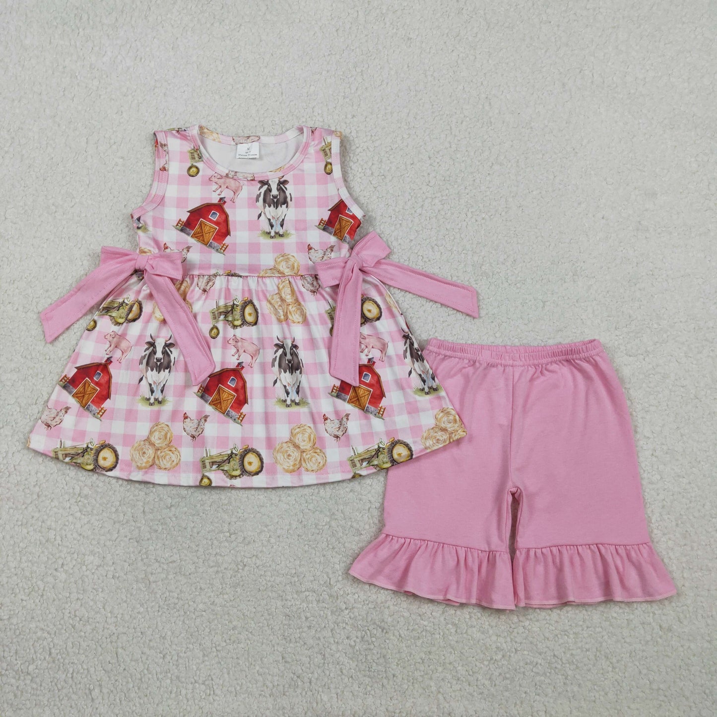 GSSO3100 Kids Baby Girl Sleeveless Pink Checked House Cows Tunic Ruffle Shorts Farm Clothes Sets
