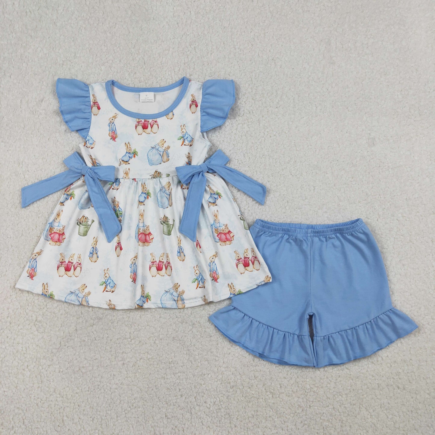 RTS NO MOQ(In Stock) GSSO3055 Easter Bunny Blue Bow White Flutter Sleeve Shorts Set