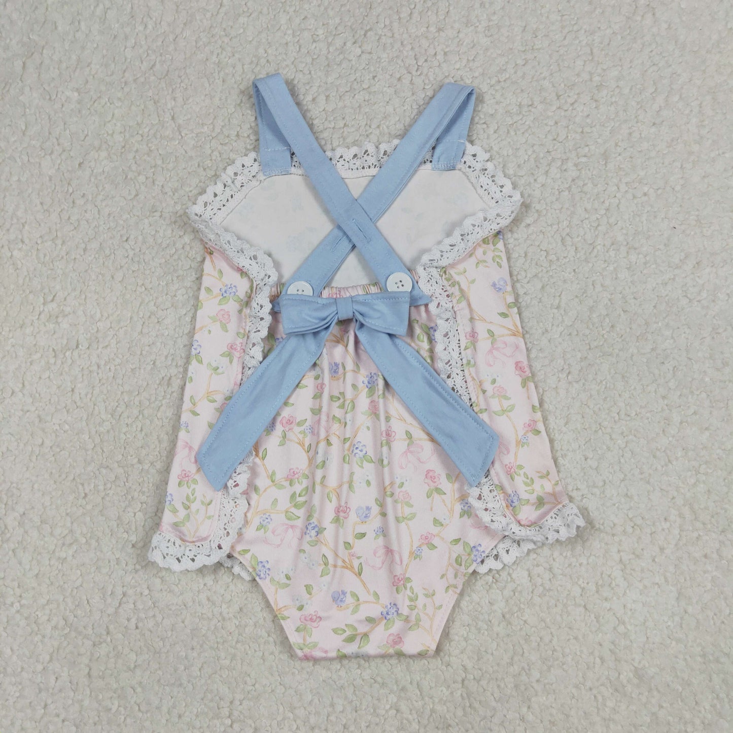 SR3461 Newborn Baby Girls Strap Flowers Plaid Back Bows Ruffle Rompers
