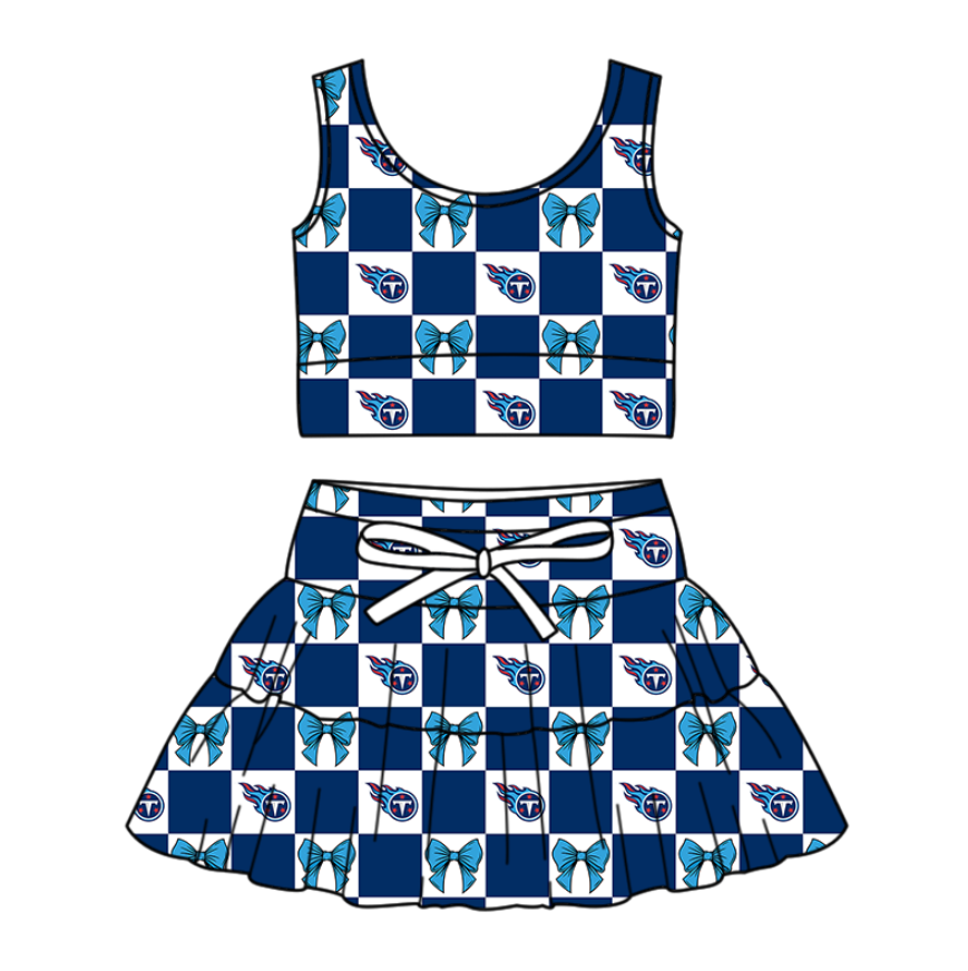 Custom Milk Silk Order MOQ:3 or 5 pcs Each Design Team State Girl Summer Bow Blue Sleeveless Skirts Sets
