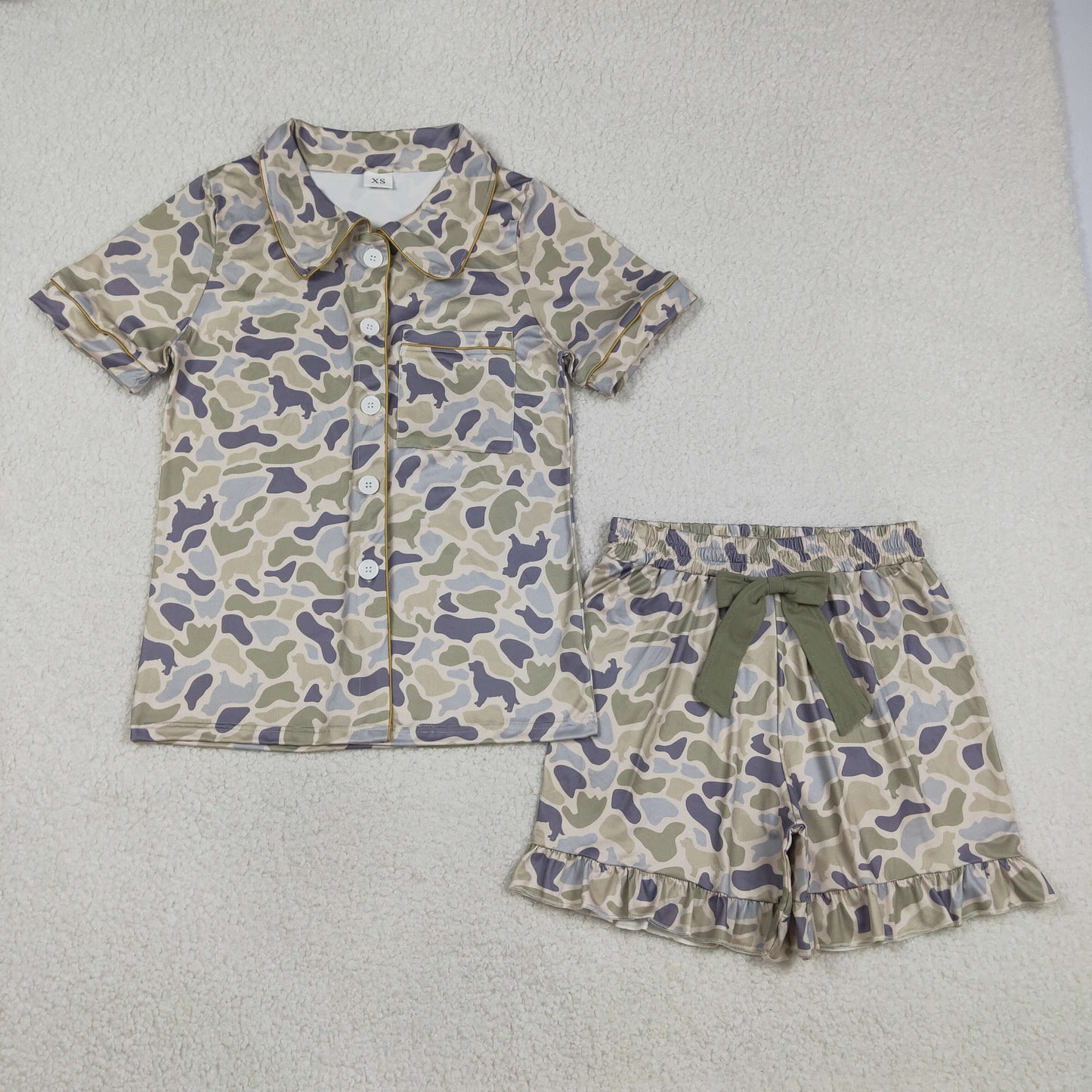 GSSO3135 Adult Women Southern Dogs Camo Button Pocket Top Ruffle Shorts Pajamas Set