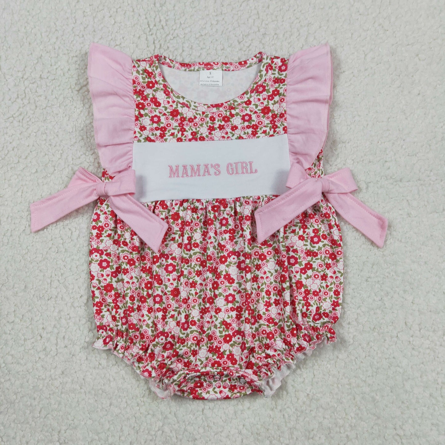 SR3939 Newborn Embroidery Mama's Girls Flutter Sleeve Flowers Bows Ruffle Rompers