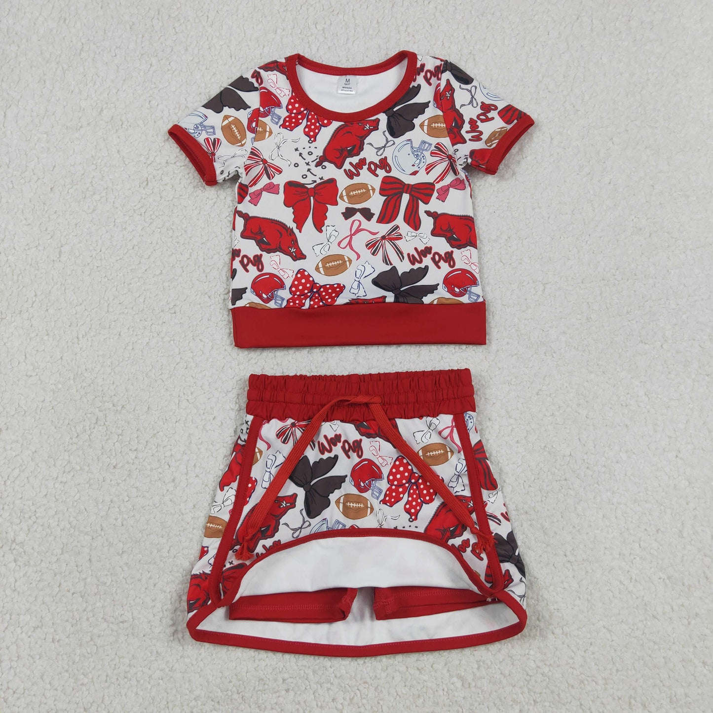 GSD3696 Kids Baby Girls Bow Football Red Bulls Top Skirt Short Team Yoga Active Clothes Sets
