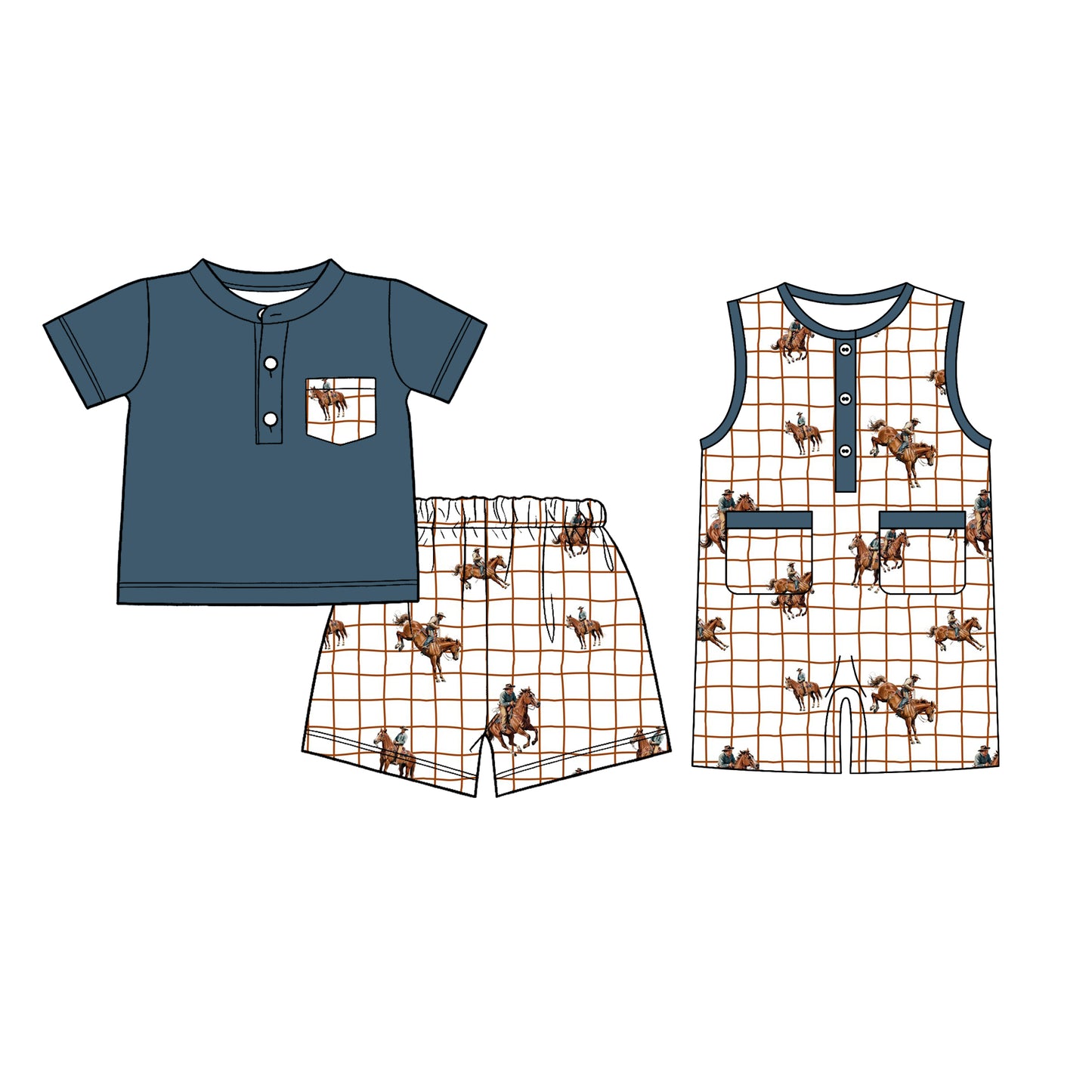 26.1.5 Custom MOQ:3 or 5 pcs each design milk silk Sibling baby boy clothes riding horse short sleeve shorts sets and romper