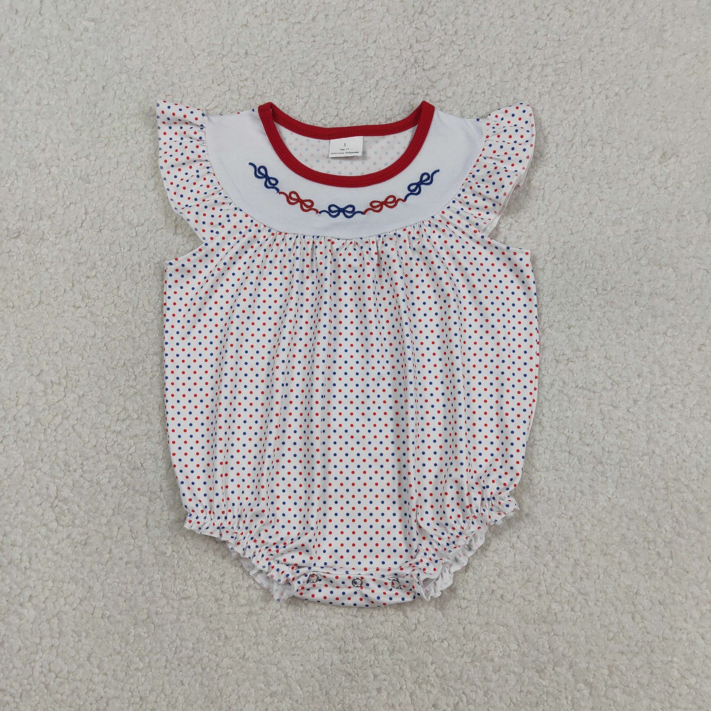 SR3706 Embroidery Bows Baby Girl Blue Red Polka Dots 4th of July Ruffle Rompers