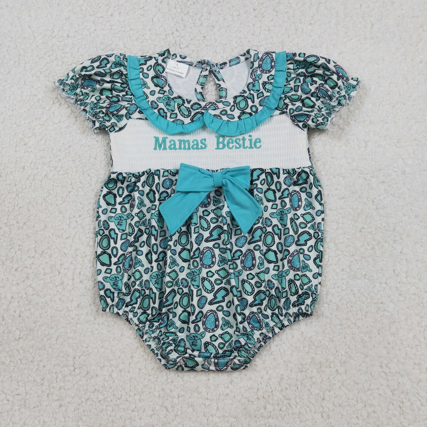 SR3863 Newborn Smocked Mama's Bestie Baby Girl Turquoises Collar Western Ruffle Rompers