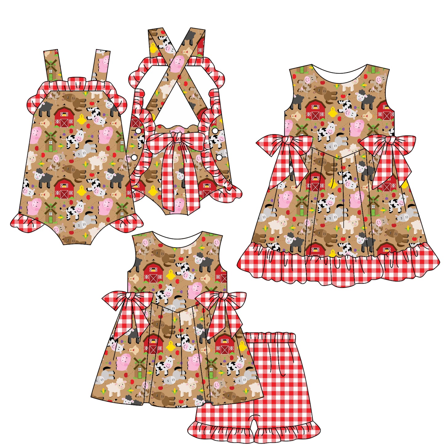 26.1.12 Custom MOQ:3 or 5 pcs each design milk silk Sibling baby girl clothes animal farm short sleeve shorts sets and dress and romper