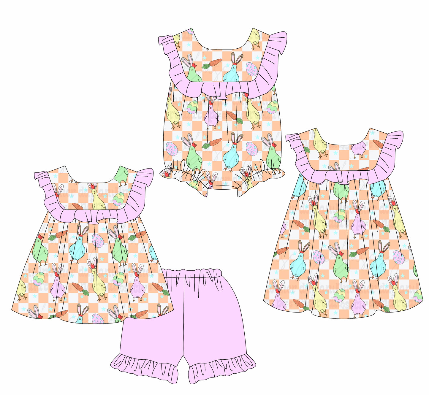 26.1.8 Custom MOQ:3 or 5 pcs each design milk silk Sibling baby girl clothes easter short sleeve shorts sets and dress and romper