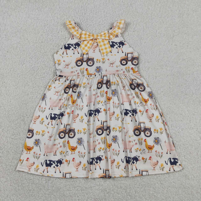 GSD3476 Kids Baby Girls Sleeveless Cows Trucks Farm Knee Length Dresses