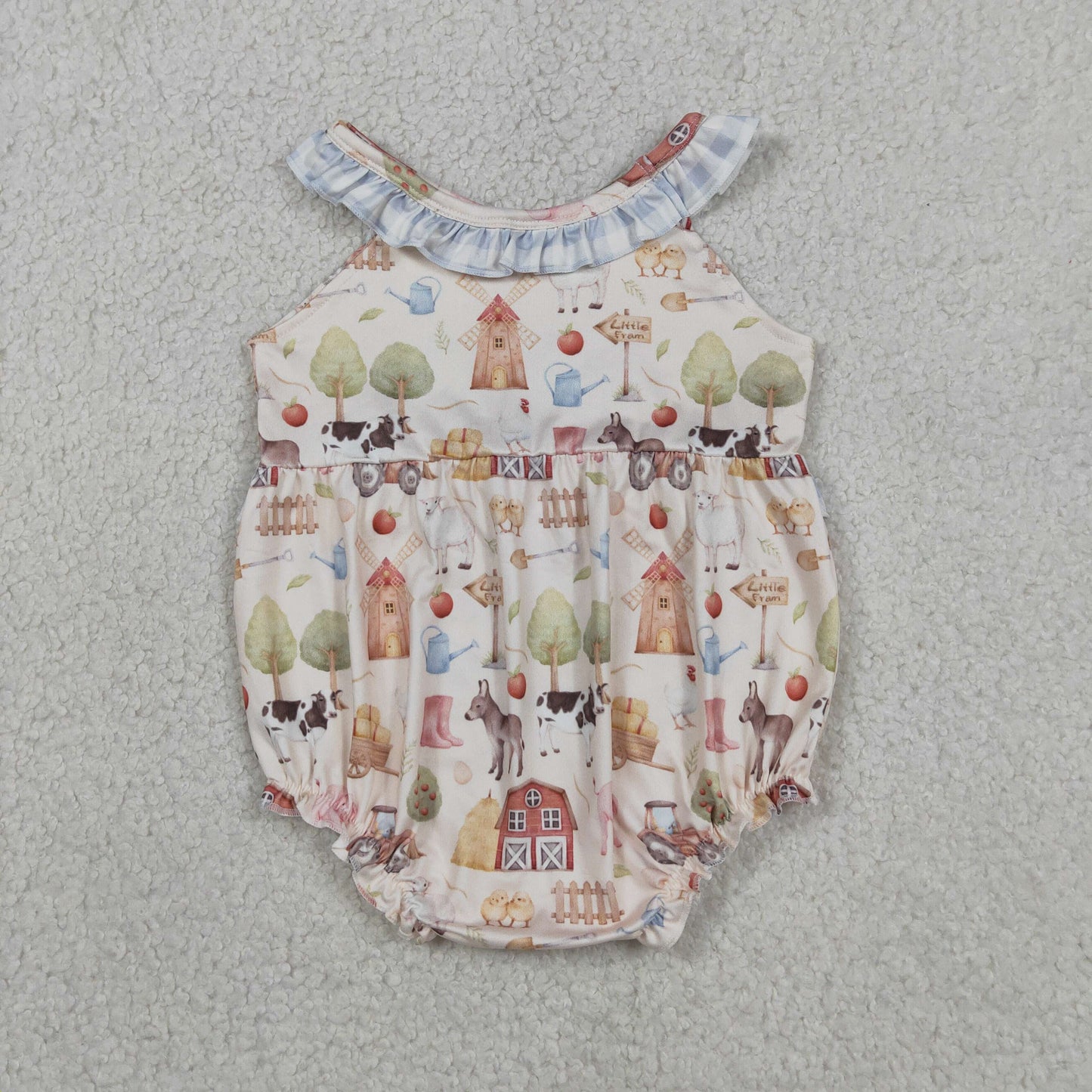 SR3852 Newborn Baby Girls Sleeveless Pigs Cows Farm Ruffle Rompers