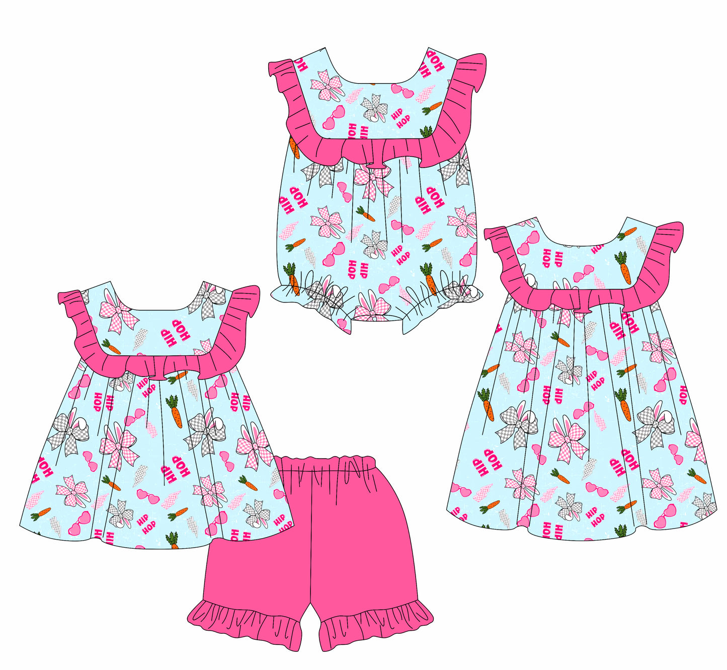 26.1.8 Custom MOQ:3 or 5 pcs each design milk silk Sibling baby girl clothes easter bow short sleeve shorts sets and dress and romper