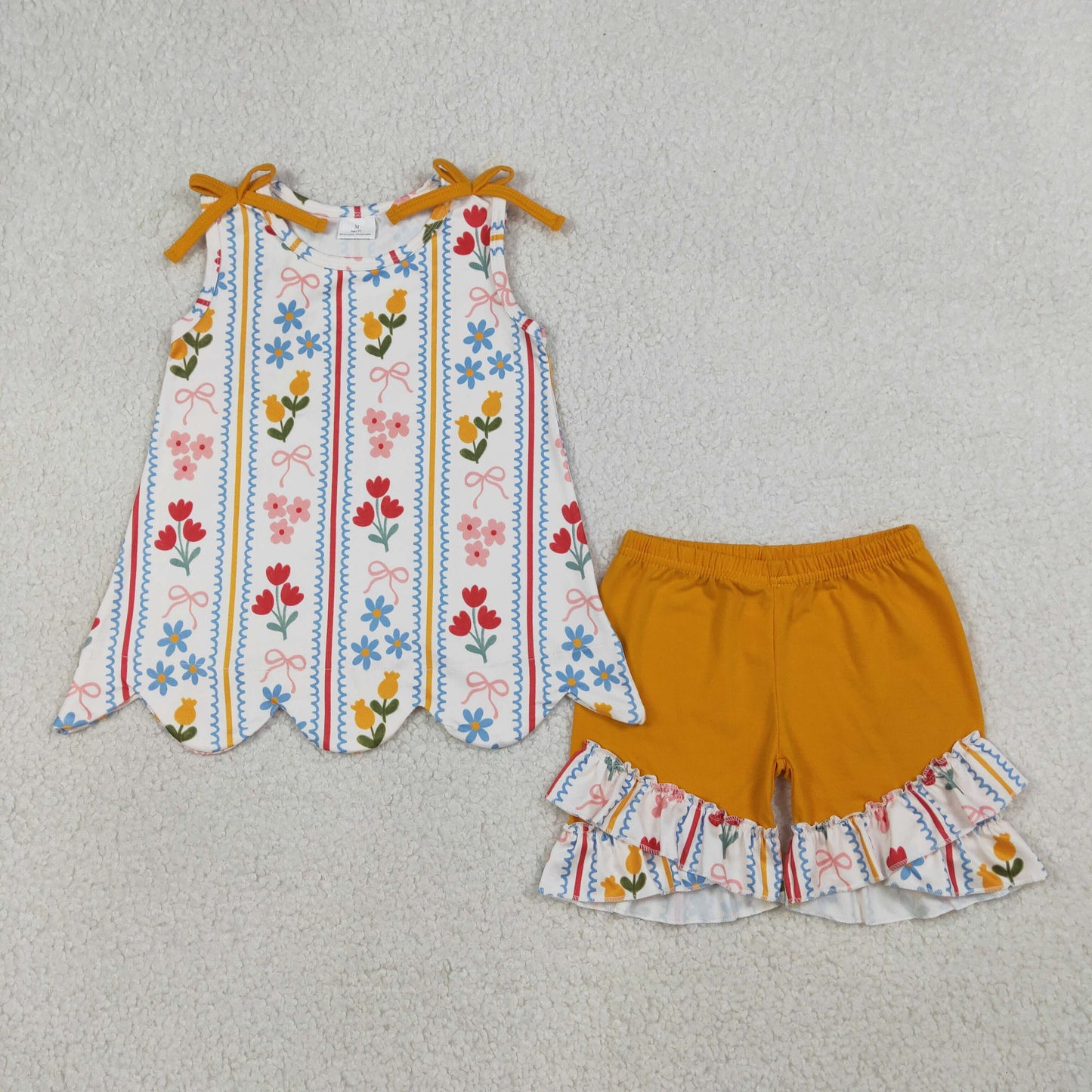 GSSO3388 Kids Baby Girl Bows Flowers Stripe Scallop Tunic Ruffle Shorts Clothes Set