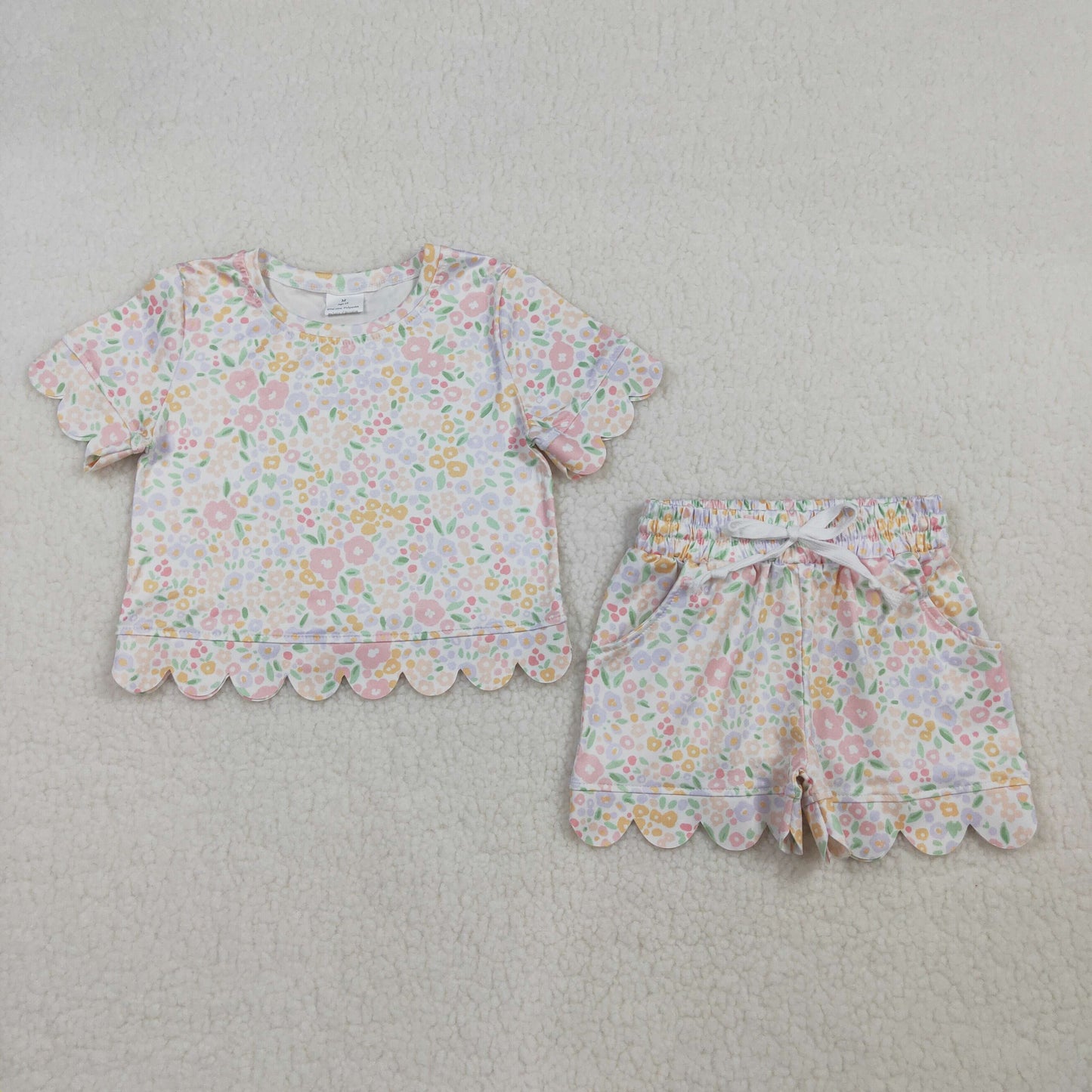 GSSO3273 Kids Baby Girl Short Sleeve Colorful Small Flowers Top Shorts Scallop Clothes Sets