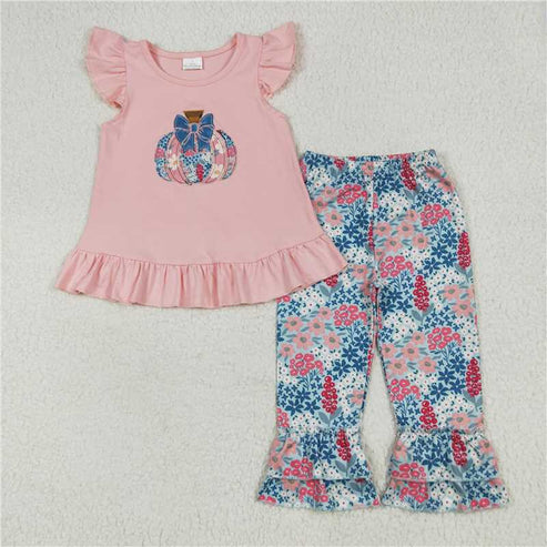 7.10 Sibling Embroidery Baby Girls Pink Floral Pumpkin Rompers Dresses Outfits