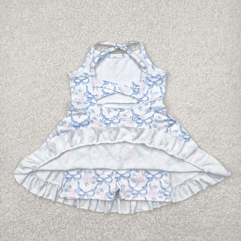 4.25 GSD2290 Baby Girls Strap Blue Bows Floral Yoga Ruffle Knee Length Dress