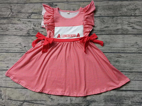 5.5 Baby Girls Team Red Checkered Longhorns Knee Length Dresses Preorder(moq 3)
