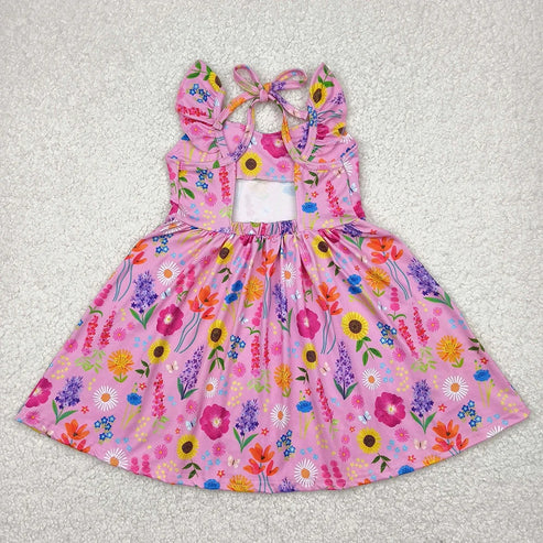 4.25 Sibling Baby Girls Flutter Sleeves Floral Backless Bow Knee Length Dresses