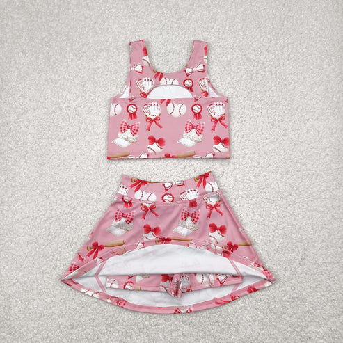4.25 GSD2044 Baby Girls Baseball Bows Athletic Active Wear Top Shorts Skirts Clothes Set