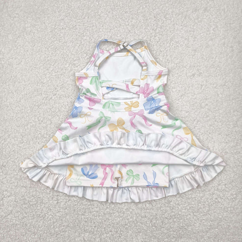 4.25 GSD2289 Baby Girls Strap Colorful Bows Yoga Ruffle Knee Length Dress