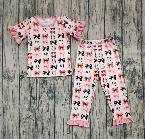 6.14 GSPO2035 Baby Girls Pink Short Ruffle Sleeves Bows Horse Shoes Top Pant Pajamas Set Preorder