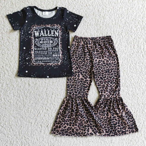 4.14 RTS NO MOQ GSPO0227 Kids Clothing Girls Short Sleeve Top And Long Leopard Pants Letter Print