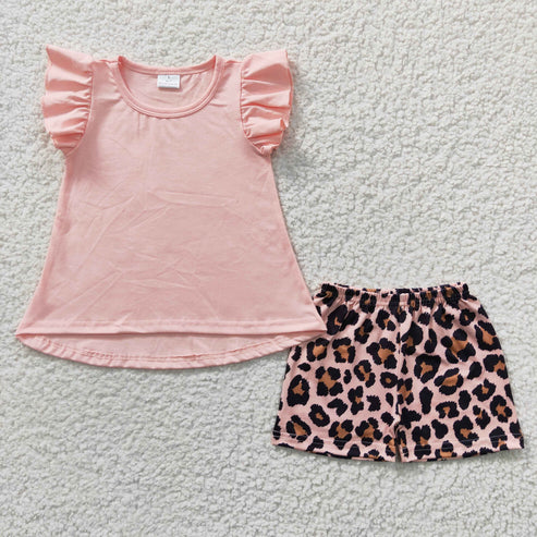 4.14 RTS NO MOQ GSSO0246 Pink Flying Sleeve Leopard Shorts Set