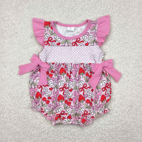 5.3 SR2953 Baby Infant Girls Pink Flutter Sleeves Bows Floral Strawberry Ruffle Romper