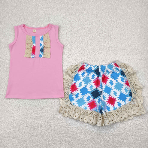 4.22 RTS NO MOQ C7-5-1 Pink sleeveless top and lace pants