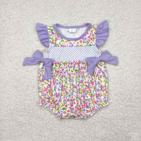 5.3 SR2928 Embroidery Baby Infant Girls Lavender Flutter Sleeves Floral Bows Top Ruffle Romper