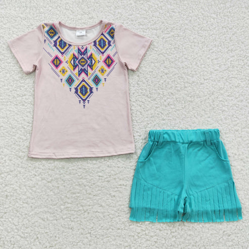 4.14 RTS NO MOQ GSSO0272 Geometric Pattern Short Sleeve Blue Fringed Shorts Set