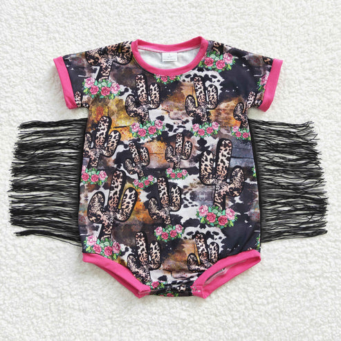 4.22  RTS NO MOQ SR0108 Leopard Cactus Fringed Short Sleeve Bodysuit