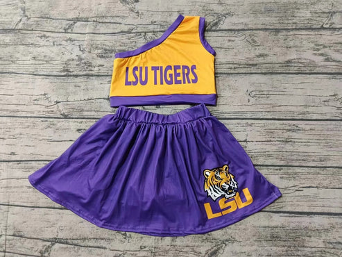 5.7 Baby Girls One Shoulder LSU Cheer Team Top Skirt Clothes Sets preorder(MOQ 3)